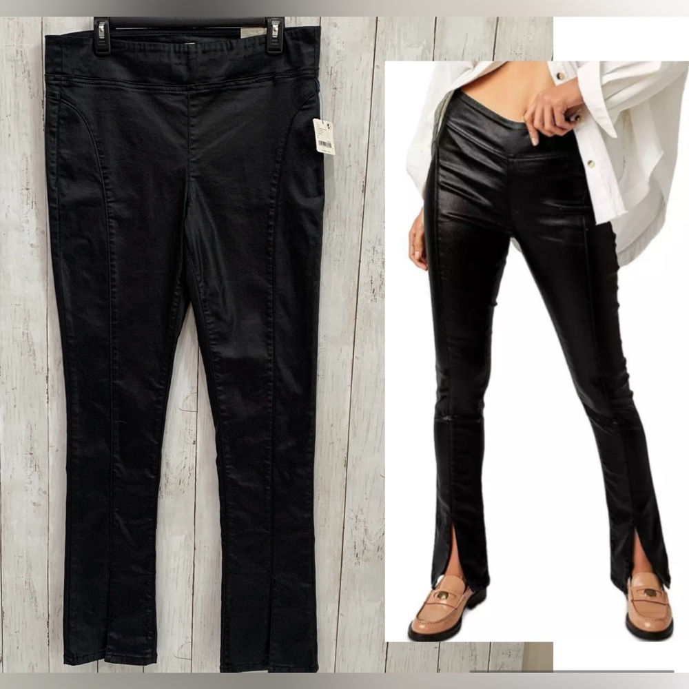 NWT  Free People Women's Double Dutch Coated Pull-On Black Jeans L Slit Skinny